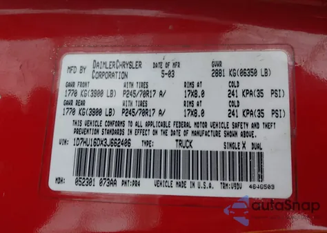 2003 Dodge Ram 1500 z USA, uszkodzony, nr VIN 1D7HU16DX3J662406